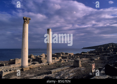 Punica rovine romane della città fondata dai Fenici nel 730 A.C. a Tharros sulla costa della penisola del Sinis, Sardegna, Italia Foto Stock