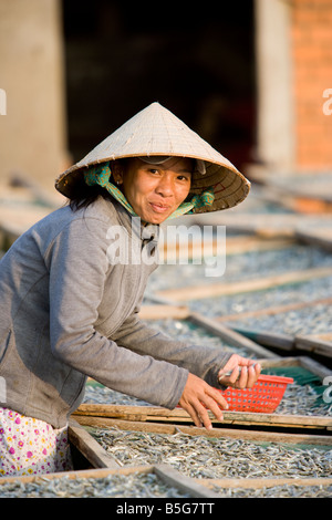 La donna posa piccoli pesci su rack a secco in Mui Ne Vietnam Foto Stock