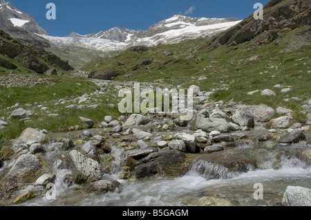 Fusione acque glaciali rush verso il basso in direzione del Triftbach appena sopra Trift, nei pressi di Zermatt in Svizzera Foto Stock
