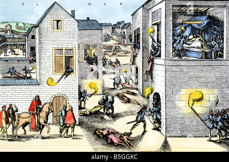 Assassinio di Coligny e altri ugonotti su San Bartolomeo in Parigi 1572. Colorate a mano la xilografia Foto Stock