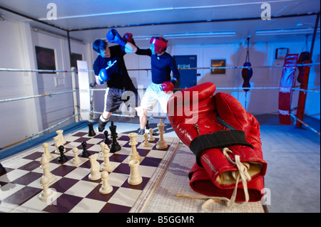 I concorrenti si affrontano in turni alternati in anello e sulla scheda in un nuovo sport noto come chess boxing Foto Stock