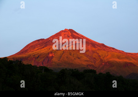 Mount Taranaki al tramonto dalla gola Waiaua capanna, intorno al circuito di montagna, Egmont National Park, North Island, Nuova Zelanda Foto Stock