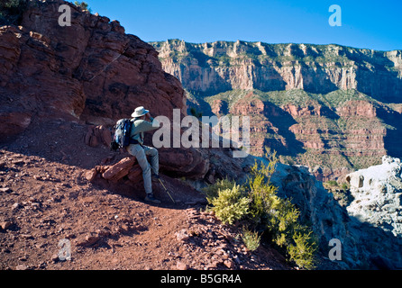 ARIZONA GRAND CANYON escursionista si sofferma a guardare la vista come egli escursioni a piedi verso il basso il South Kaibab Trail nel Grand Canyon Foto Stock