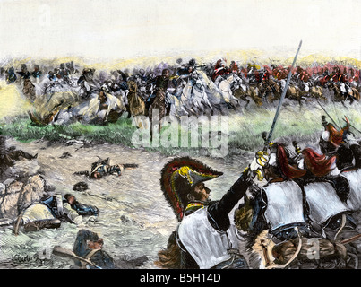 Carica di cavalleria durante Napoleone battaglia finale a Waterloo 1815. Colorate a mano di mezzitoni una illustrazione Foto Stock