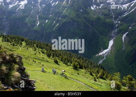 Tre i ciclisti in discesa su un percorso Foto Stock