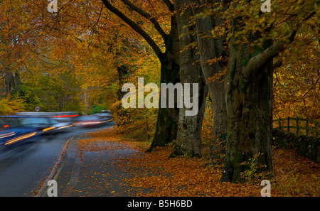 Traffico sfocata sulla A591 strada tra Windermere e Ambleside, Parco Nazionale del Distretto dei Laghi, Cumbria, England Regno Unito Foto Stock