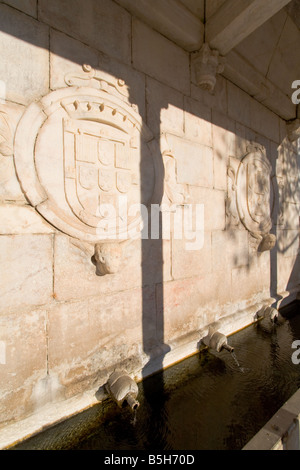 Fontana rinascimentale in Piazza della Repubblica, Alter do Chão, distretto di Portalegre, Portogallo. Dettaglio del portoghese stemma. Foto Stock