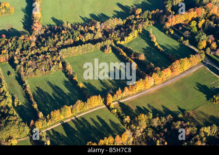 Mongolfiera in vista della nuova coloratissima Inghilterra treetops e scatolato in campi in autunno Foto Stock