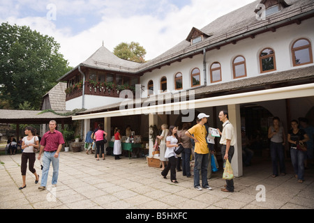 Bucarest Romania i visitatori nel Museo del Villaggio Muzeul Satului ingresso dell'edificio nel Parco Herastrau Foto Stock