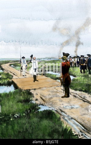 Il francese cedendo Louisbourg, Canada, durante la guerra di indiano e francese 1758. Colorate a mano di mezzitoni un Howard Pyle illustrazione Foto Stock