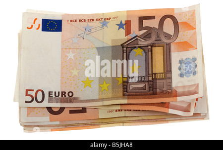 Pila di 50 banconote in euro cash Foto Stock