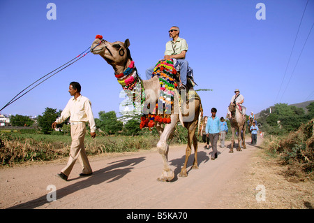 Gruppo turistico sul cammello safari in Pushkar India Foto Stock