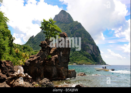 Una vista della montagna Petit Piton da una spiaggia nei pressi di Soufriere ST LUCIA Foto Stock