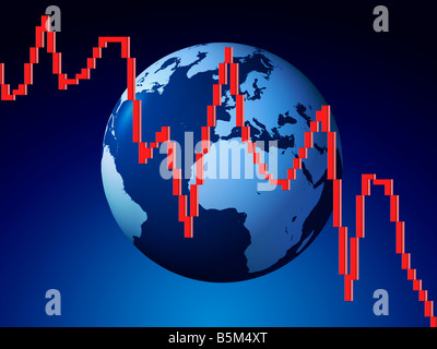 Grafico a linee nella parte anteriore del blue globe - immagine concettuale suggerendo perdita di profitti, la crisi finanziaria globale, Stock Market Crash etc Foto Stock