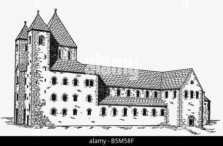 Architettura, chiese e monasteri, Germania, Corvey Abbey, basilica, Westwork, vista esterna, disegno, 20th secolo, monastero benedettino, chiesa, cattolica, religione, cristianesimo, storico, storico, Medioevo, Impero Frankish, Carolingia, Europa, Renania Settentrionale-Vestfalia, Renania Settentrionale-Vestfalia, medievale, Foto Stock