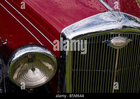 Wolseley vintage faro auto cofano e chrome dopo la pioggia Foto Stock