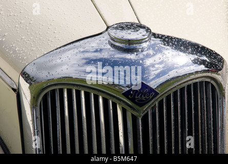 Riley auto d'epoca griglia cromata e badge sotto la pioggia Foto Stock