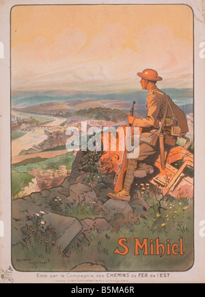 2 G55 P1 1918 58 WW I St Miehiel manifesto francese 1919 Storia La Prima Guerra Mondiale la propaganda St Mihiel soldato americano sulla cima di una collina alla ricerca Foto Stock