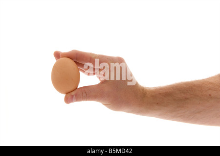 Mans diritto maschio mano tesa tenendo un uovo di pollo contro uno sfondo bianco Foto Stock