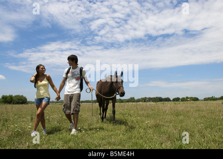 Una coppia in un pascolo con un cavallo Foto Stock