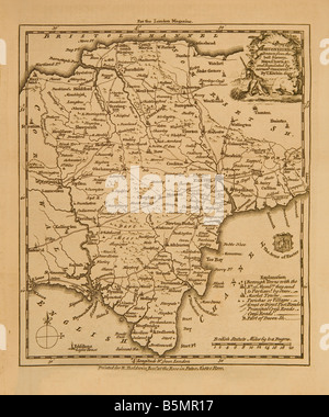 Una vecchia mappa della Contea di Devon poi noto come Devonshire fu incisa nel 1761 per la rivista di Londra Foto Stock