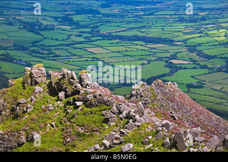 Campi pastorali da sopra il lago Coumshingaun, Comeragh montagne, nella contea di Waterford, Irlanda Foto Stock