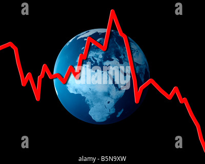 Grafico a linee nella parte anteriore del blue globe - immagine concettuale suggerendo perdita di profitti, la crisi finanziaria globale, Stock Market Crash etc Foto Stock