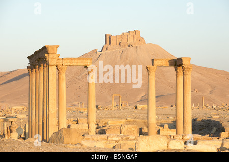 Palmyra rovine romane con Qalaat ibn Maan castle in background Foto Stock