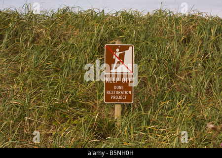 Un segno che chiede la gente a rimanere fuori dalle dune di sabbia a causa di riabilitazione della vegetazione Foto Stock