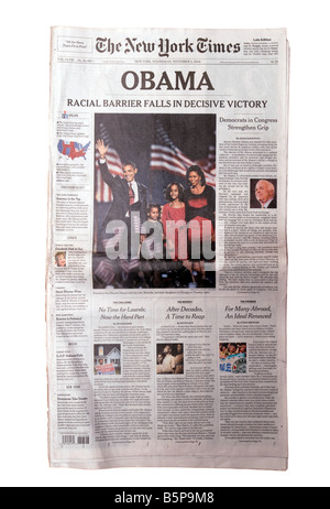Headline del New York Times a New York il mercoledì 5 novembre 2008 il giorno dopo il giorno delle elezioni Foto Stock