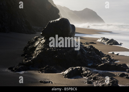 Una insolita formazione di roccia scolpiti da erosione di acqua sotto le ripide scogliere lungo il Wildcat spiaggia di Point Reyes National Seashore, California. Foto Stock