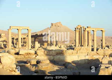 Palmyra rovine romane con Qalaat ibn Maan castle in background Foto Stock