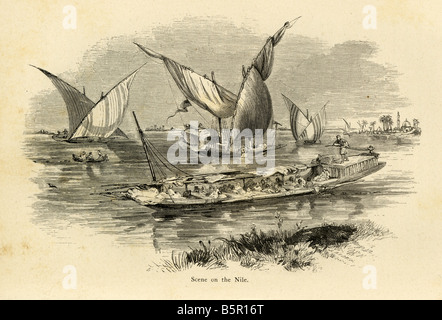 1864 l'incisione che mostra le barche sul fiume Nilo in Egitto. Foto Stock