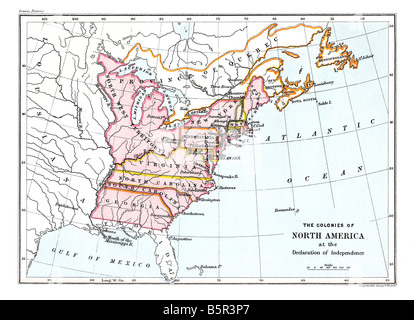 Mappa delle colonie del Nord America per la dichiarazione di indipendenza Foto Stock