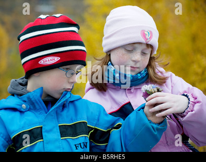 Ragazzo di consegnare una ragazza di fiori Foto Stock