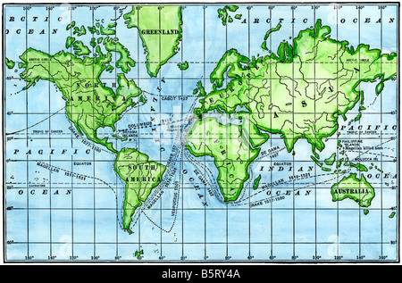 Mappa di grandi viaggi dal 1492 al 1580. Colorate a mano la xilografia Foto Stock