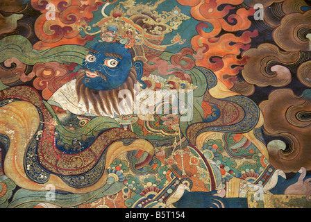 Murale buddista sulla parete del monastero di Drepung, Lhasa, in Tibet Foto Stock