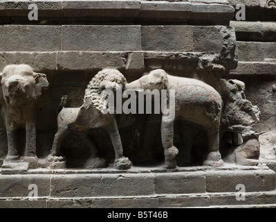 Tempio Kailasanatha scolpito dal monolito di basalto Grotte di Ellora India fregio elefante e combattimenti di Lion Foto Stock
