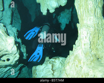 Sommozzatore in cenote sistema di caverne Dos Ojos Foto Stock