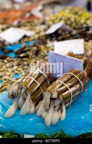 Rasoio di Navajas shell per la vendita nel centro di mercato del pesce Mercado Central nel centro storico della città di Valencia Spagna Foto Stock
