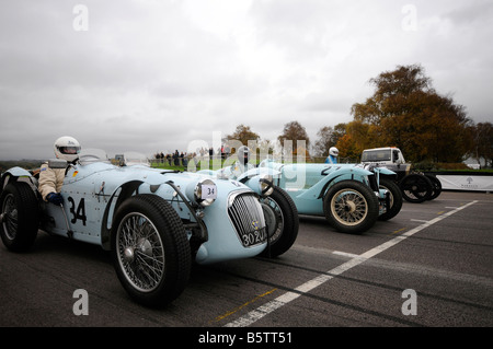 Vintage auto sportive essendo allineate sulla griglia di partenza al VSCC Autunno Sprint Goodwood Sussex 25 Ottobre 2008 Foto Stock