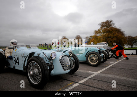 Vintage auto sportive in attesa sulla griglia di partenza al VSCC Autunno Sprint Goodwood Sussex 25 ottobre 2008 LtoR 1939 4 litro T Foto Stock