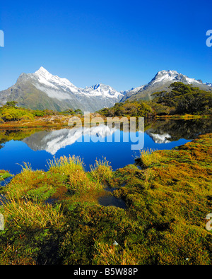 Vertice di chiave con uno specchio di Mt. Christina, Fjordlands, il Parco Nazionale del Patrimonio Mondiale a sud ovest della Nuova Zelanda, Costa Ovest, Sud Foto Stock