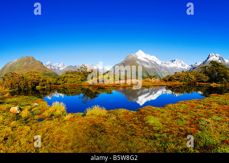 Vertice di chiave con uno specchio di Mt. Christina, Fjordlands, il Parco Nazionale del Patrimonio Mondiale a sud ovest della Nuova Zelanda, Costa Ovest, Sud Foto Stock