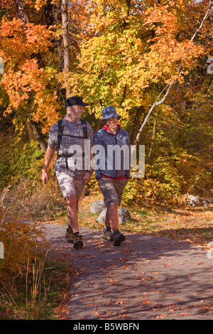 Coppia giovane escursionismo in mezzo ai colori autunnali sulla astina cava Trail in poco pioppi neri americani Canyon Wasatch Mountains USA Utah Foto Stock
