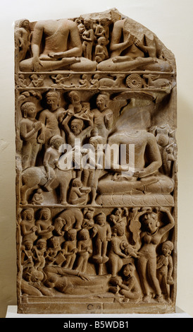 Scene del Buddha di pietra arenaria di vita Sarnath v secolo Museo Nazionale di Nuova Delhi India 49.114 Foto Stock