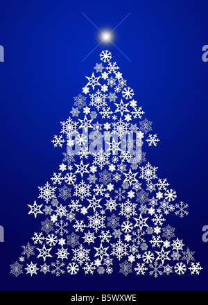 Un albero di Natale fatto da fiocchi di neve su una tela blu in formato cartolina Foto Stock