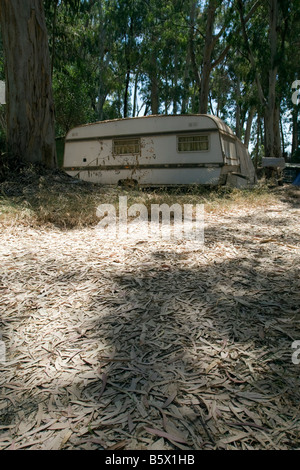 Abbandonato il vecchio camp in grove con molti vecchi leafes Foto Stock