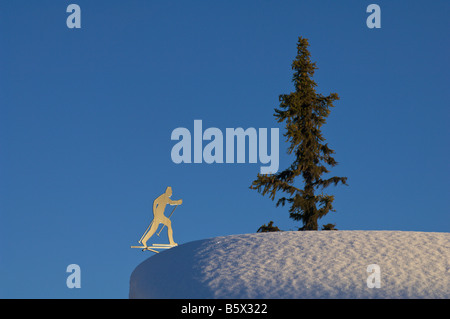 Holiday chalet dettaglio mostrante weathervane conformata come uno sciatore Valdres Norvegia Foto Stock