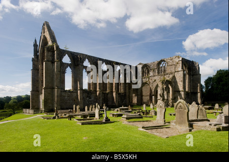 Pittoresca e panoramica rovine monastiche illuminate dal sole dell'abbazia di Bolton (tranquillo cortile della chiesa, lapidi e tombe, splendido ambiente) - Yorkshire Dales, Inghilterra, Regno Unito. Foto Stock